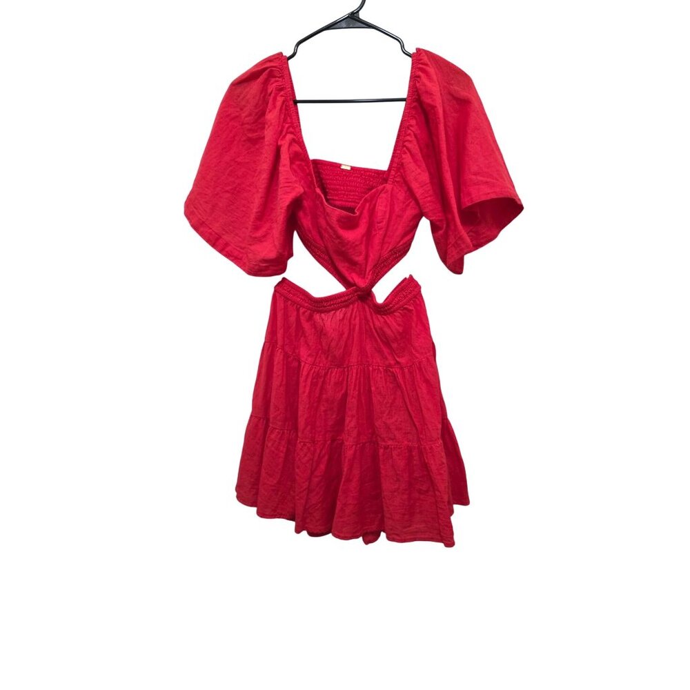 Free People Red Cross Of Sunlight Beach Tiered Mini Dress Puff Sleeves & Smocked